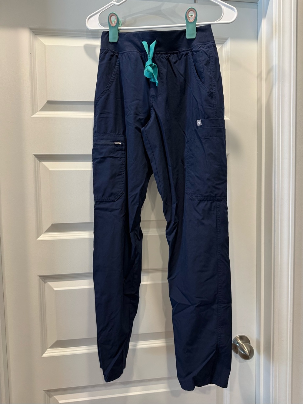 Figs Navy Cargo Scrub Pants with Teal Drawstring